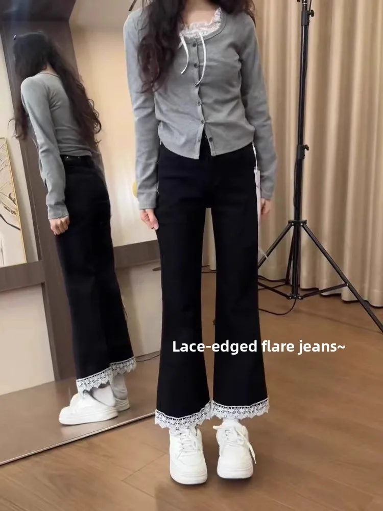 

Bla Lace Trim Flared Jeans Women's High Waist Bootcut Pants Casual Sle High Waist Lace Detail Bootcut Jeans for plus Size