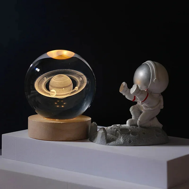 Creative 6/8cm 3D Crystal Ball Planet Night Light Laser Engraved Solar System Globe Astronomy Festival Gifts Home Desktop Decor