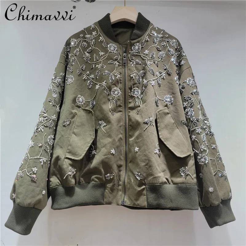 French Elegant Fashion Commuter Heavy Industry Rhinestone Blazer Single Button Loose Casual Versatile Black Jackets Women Autumn