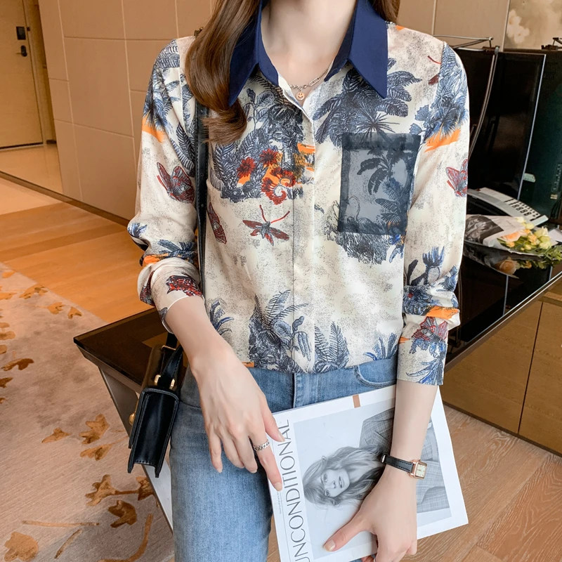 Women Fragrant Temperament Long Sleeve Blouse Autumn Fashion Chic Commute Chiffon Shirts Vintage Elegant Printed Loose Tops