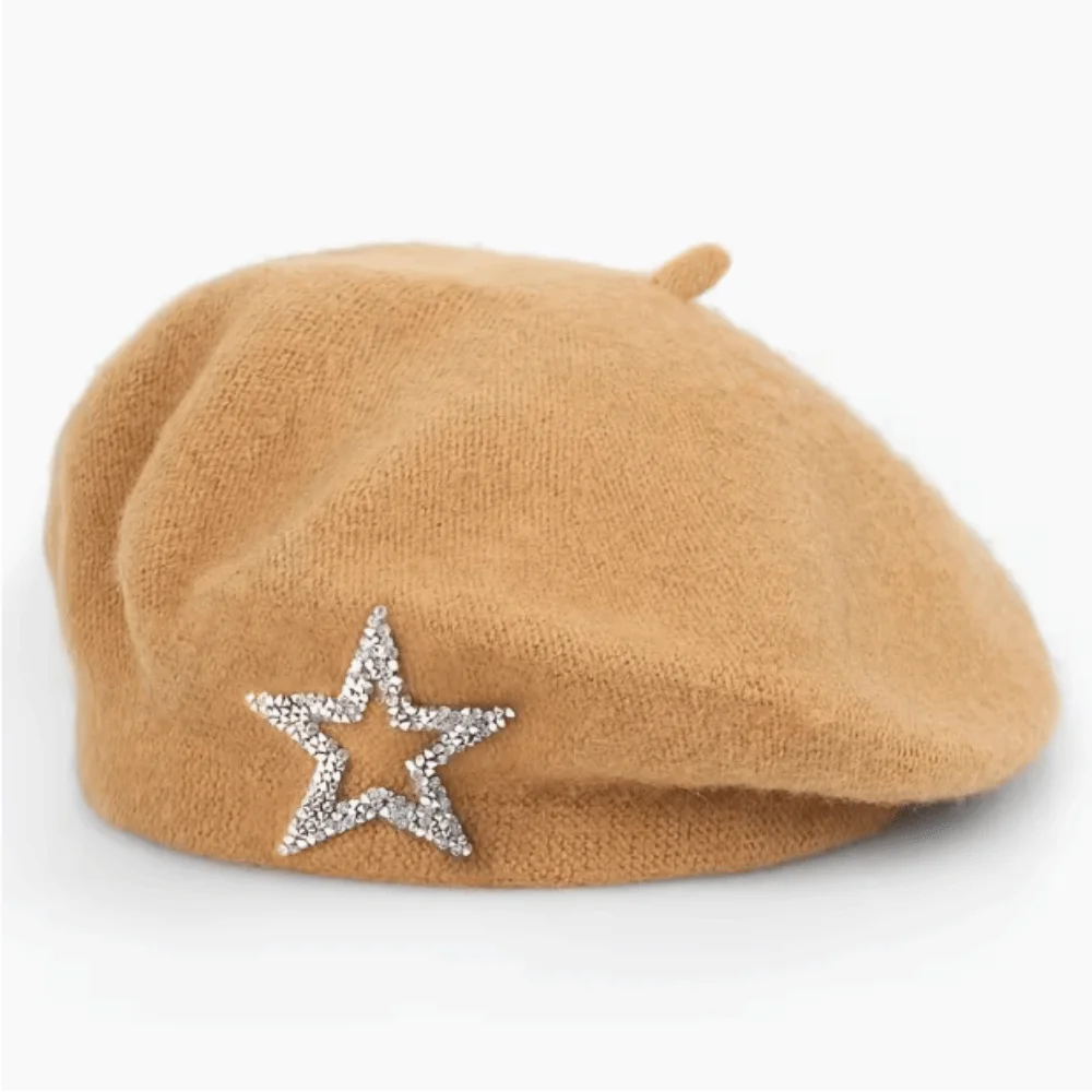 Five-Pointed Star Wool Beret Solid Color Warm Knitted Painter Hat Rhinestone Decor Soft Beanie Cap Street Photography