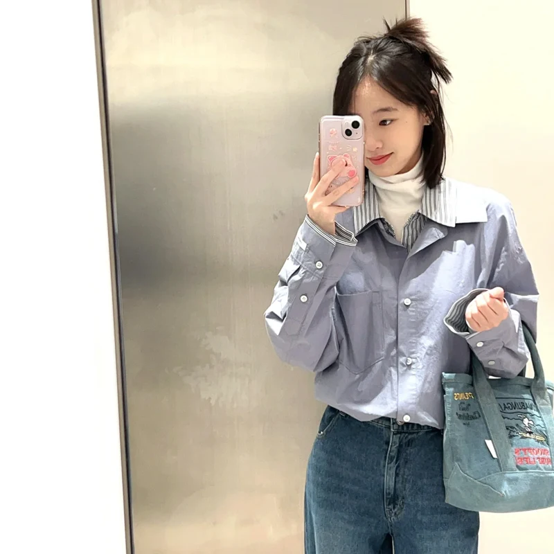 

Faionable полосатый двухслойный однотонный воротник женский irt V25 весенний повседневный свободный крой длинный све на пуговицах