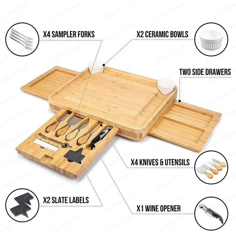 3-Drawer Bamboo Cheese & Cutting Board Set, Nordic Style Serving Tray with Knife for Fruit, Bread, Steak view 4