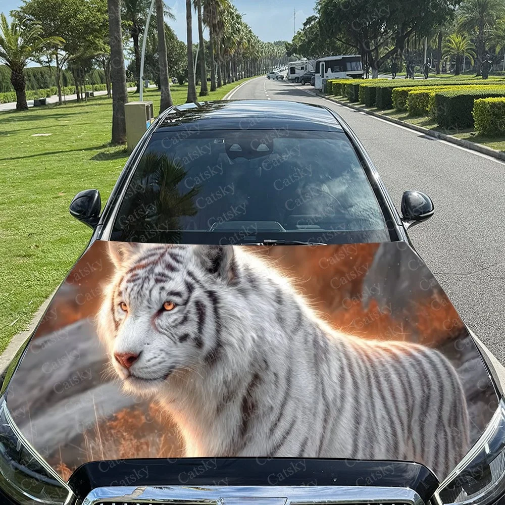 White Tiger Leopard Car Hood Sticker PVC Self Waterproof Stick, Striking Auto Exterior Accessories Decor Protect Gift for Lover