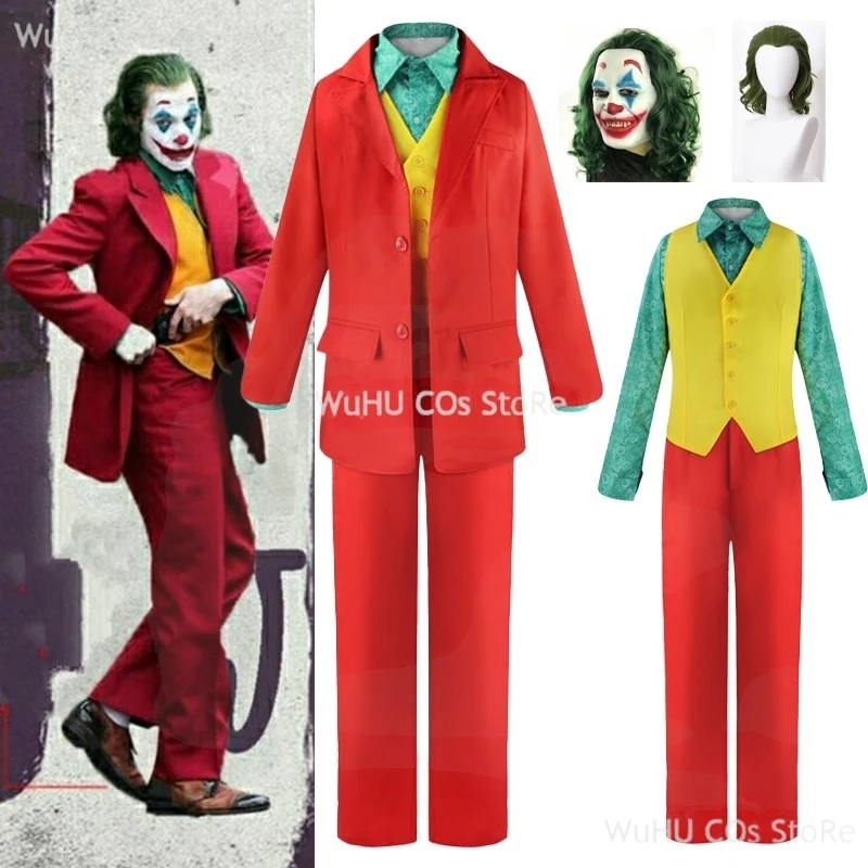 Halloween Joker Arthur Fleck Cosplay Costume Clown Red Suit Adult Jokers Green Wig Size Customable Uniform Set for Men Woman