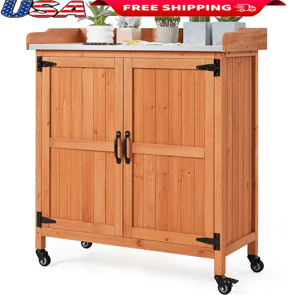

Wooden Garden Potting Bench Table with Cabinet Storage Galvanized Metal Platform Lockable Castors Outdoor Gardening Work