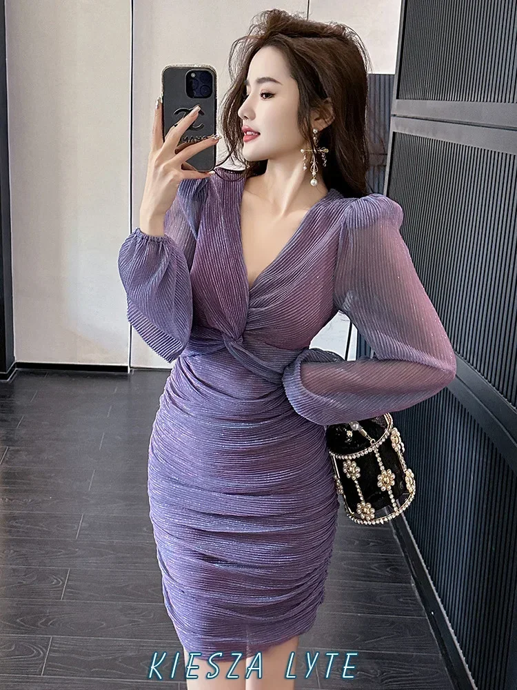 party Stylish 2024 Spring French Design long sleeve Twist Knot Shiny Rayon Mini Sexy Slim Bodycon Dress for women y2k