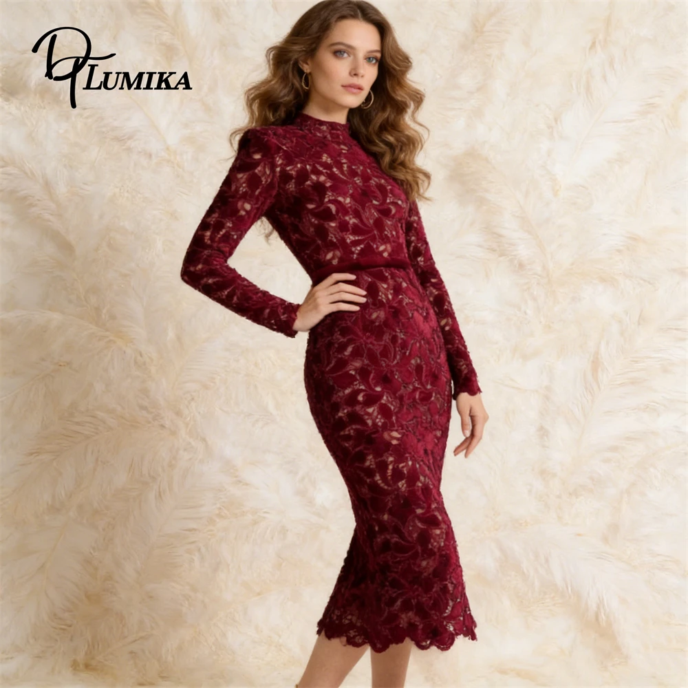 

Ladies Burgundy High Neck Lace Midi Dress Long Sleeve Mermaid Hem Formal Date Night Dinner Sexy Chic Outfit