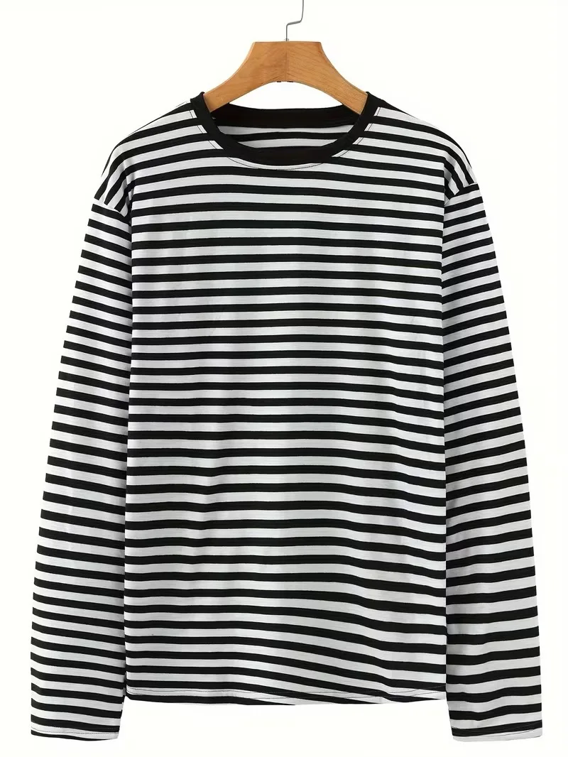 Classic Simple Blue And White Striped Printed Men's T-shirt Fashion Long Sleeved T-shirt Casual Sport O-neck Pullover Loose Tops