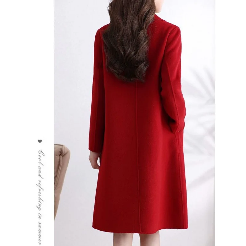 The new women's double-sided woolen cashmere coat is purely hand-sewn medium and long trench coat wool foreign high-end coat