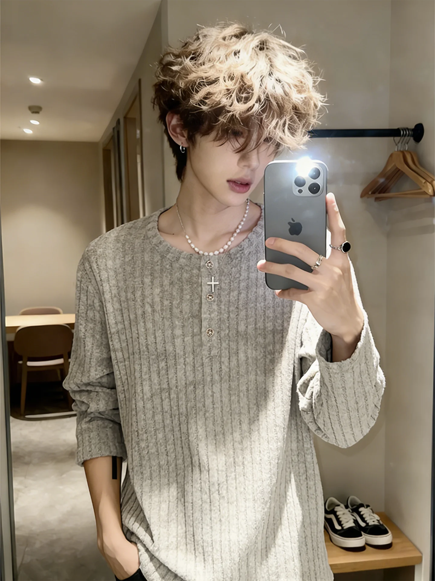Men's Long Sleeve T-Shirt Henry Collar Sweatshirt Inner Wear Textured Spring Autumn American Retro Style Casual Fashion