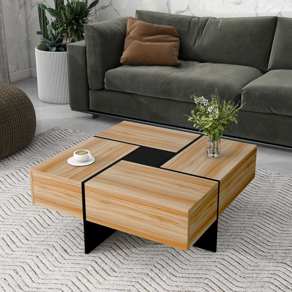 Mesa de centro quadrada ON-TREND para coquetel com 4 compartimentos de armazenamento ocultos, mesa deslizante extensível, alto brilho UV