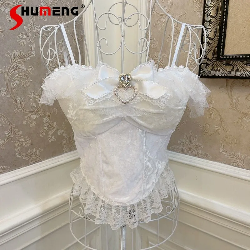 

Japanese Lolita Style Mermaid Princess Bow Pearl Lace Slim Fit Button Velvet Short Top With Chest Pad Suspender Vest Camisoles