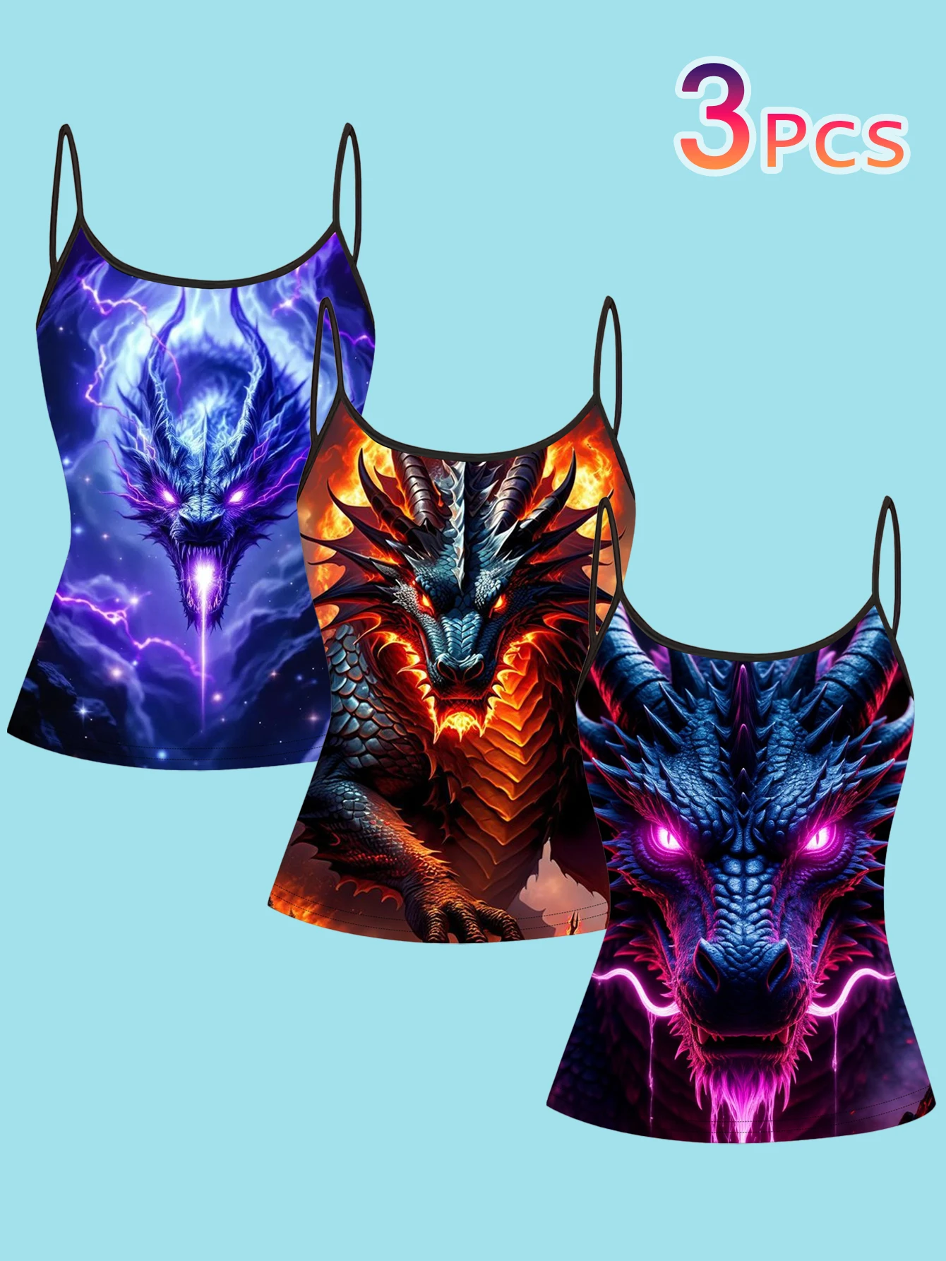 3-Piece Set of Colorful Electric Dragon Print Camisole Tops for Women, Summer Slim-Fit Spaghetti Strap Personalized Inner Wear