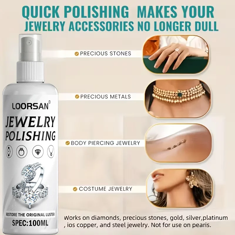 

LOORSAN 100ml Jewelry Cleaner Spray Luster Restorer for Gold Silver Platinum - Ideal for Rings Necklaces Earrings Watches