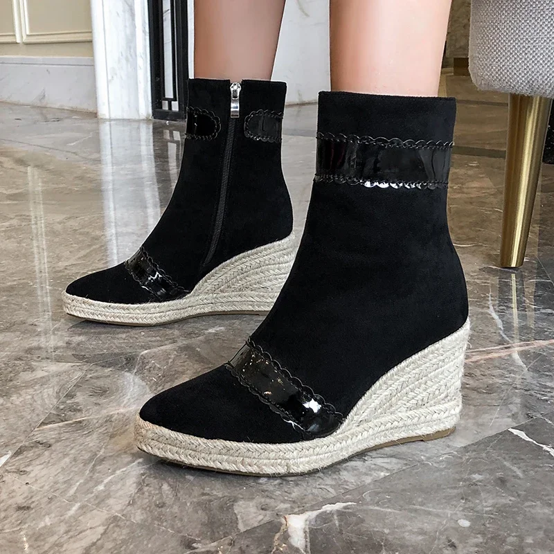 Female High Quality Faux Suede Ankle Boots Women\'s Hemp Rope Straw Platforms Wedges Boots Woman Autumn Fall Shoes Ladies Booties