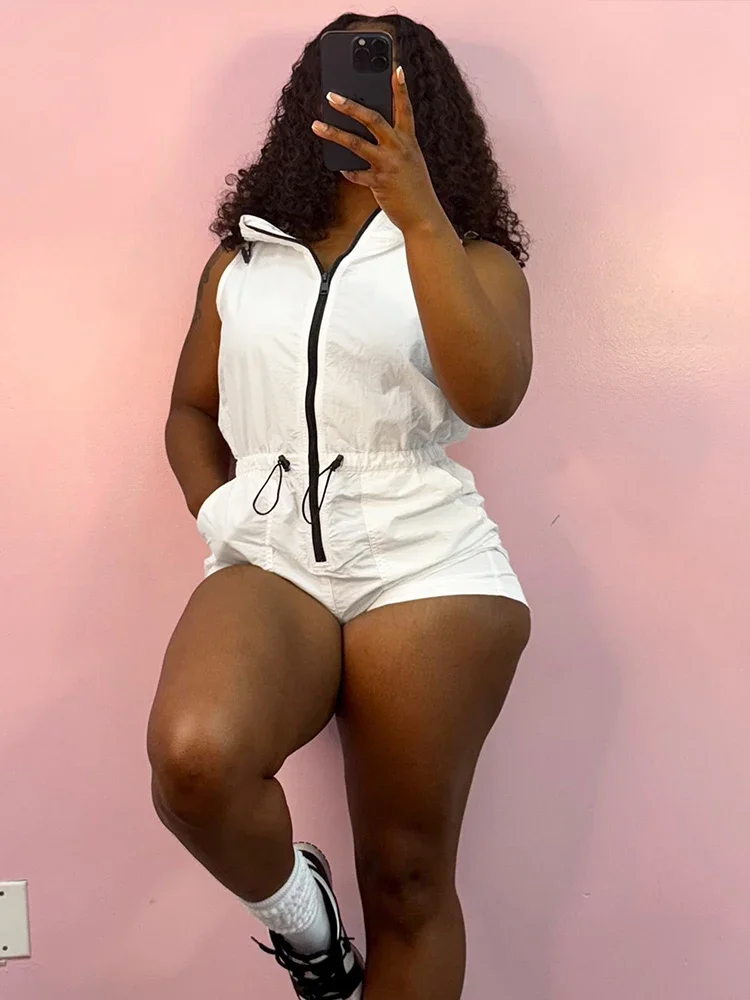 

Zip Hooded Playsuit Women Casual Sporty Summer Hipster Sleeveless Stretch Activity Streetwear Shorts Sash Playsuit