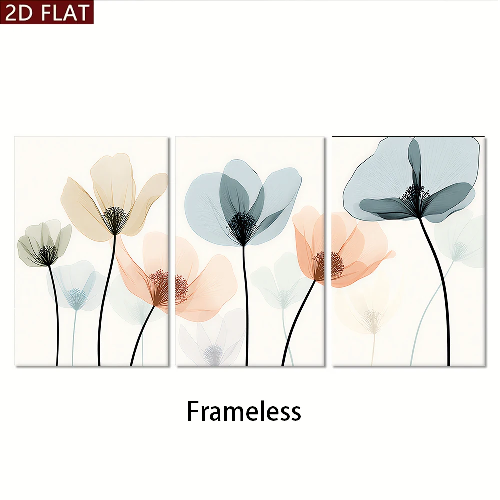 1 set of modern, simple and elegant floral triple living room sofa, background wall, frameless decorative painting, 2D plan