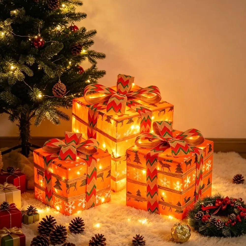 Set of 3 LED Lighted Christmas Gift Boxes Premium Lightweight Material Easy to Set Up Christmas Ornaments Glowing Effect