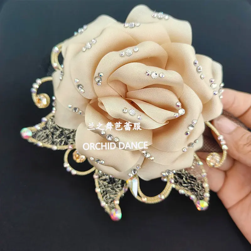 Ballet headpiece with large rose shape and rhinestone scroll ornament for ballet stage performance