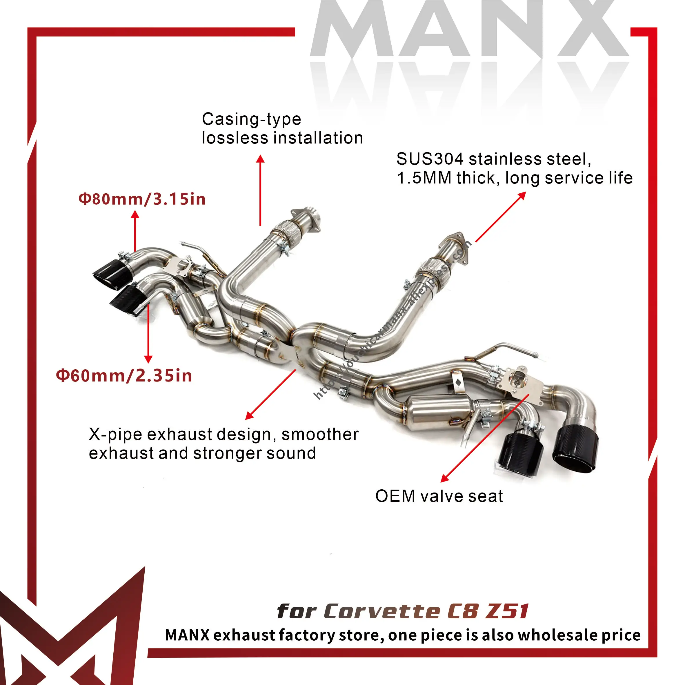 

MANX Exhaust Catback for Corvette C8 Z51 SS304 DIY Design X-pipe exhaust design Increase pipe diameter OEM valves