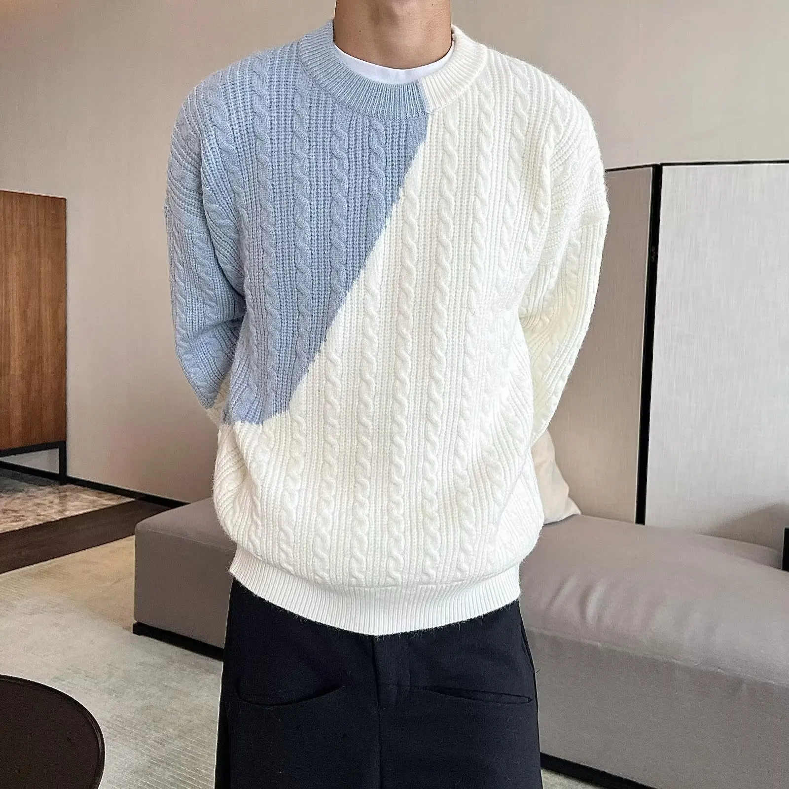 Men\'s Sweater Color Contrast Round Neck Half High Collar Screw Thread Fashion Solid Slim Casual Knitted Long Sleeve Tops