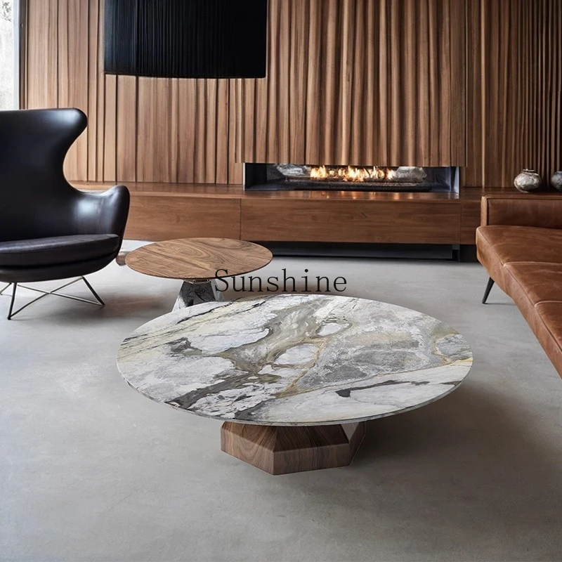 

Natural marble round walnut living room home modern minimalist antique coffee table