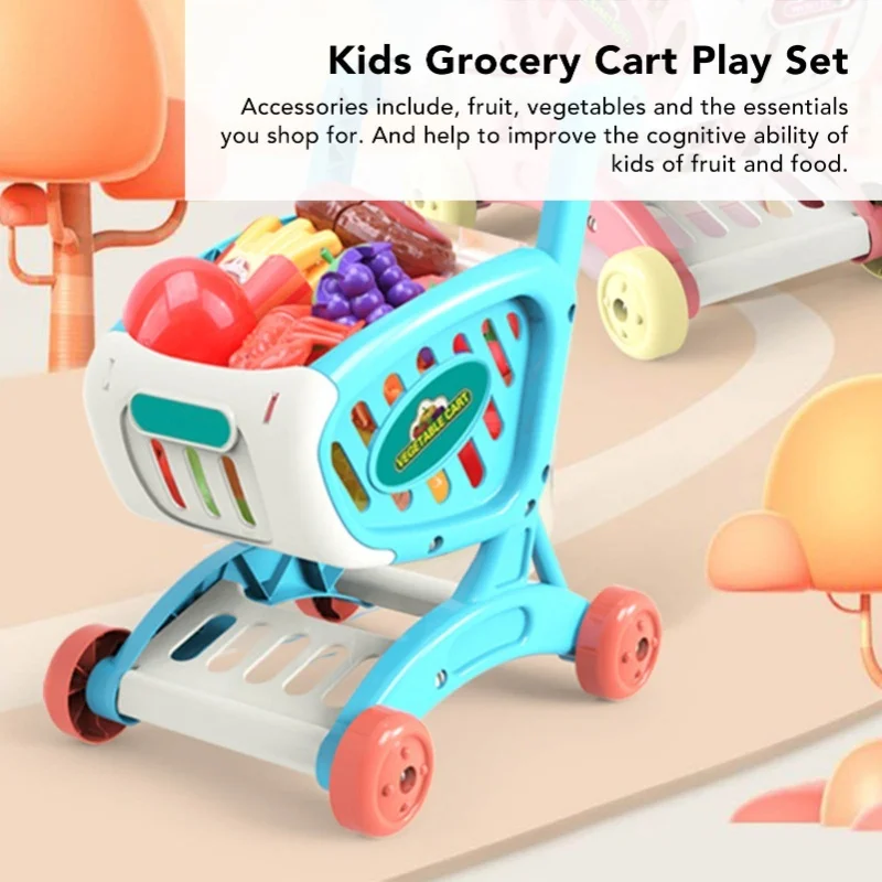 Boodschappenwagen voor kinderen Speelset Fruit Groenten Voedselartikelen Educatief Heldere kleuren Winkelwagentje Speelgoedset Blauw