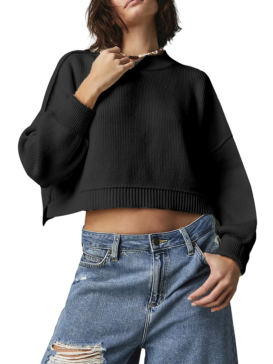 Women s Autumn Cropped Knit Tops Solid Color Ribbed Round Neck Long Sleeve Spring Loose Sweaters Knitwear