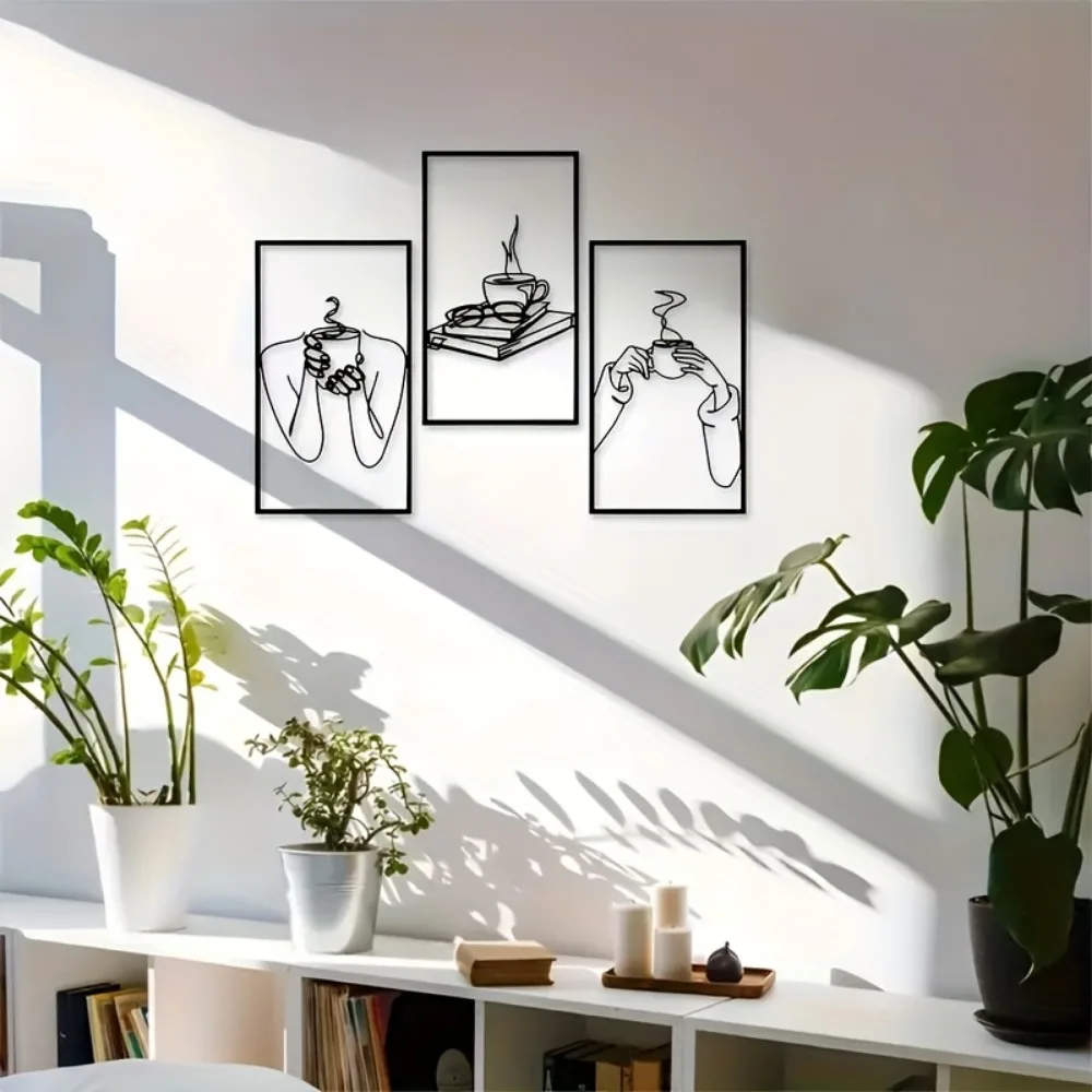 CIFBUY 3Pc Minimalist Line Art Metal Wall Decor Iron Sculpture Rust Proof Book Coffee Reader Room Home Art Hanging Gift Decor