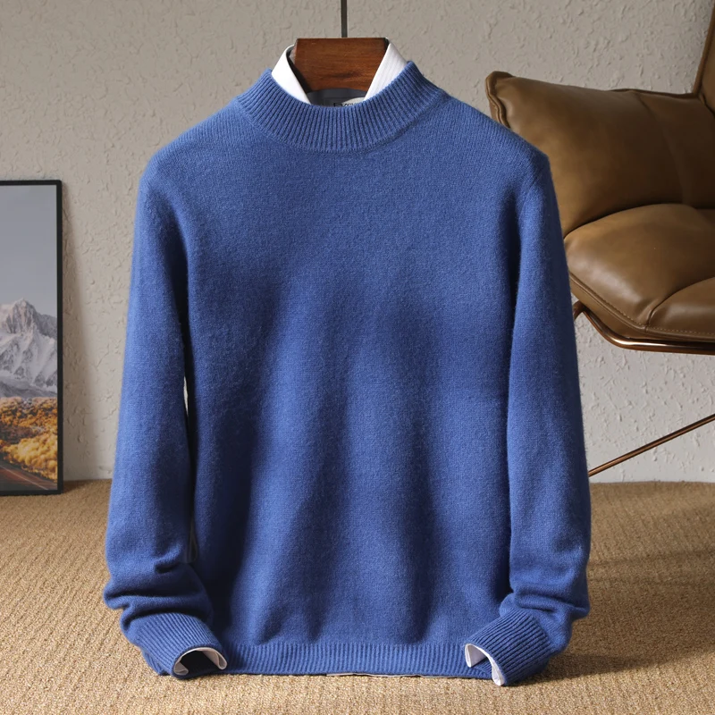 

Autumn and Winter New Pure Woolen Sweater Men's Half High Neck Pullover Loose Underlay Solid Color Thickened Knitted Sweater