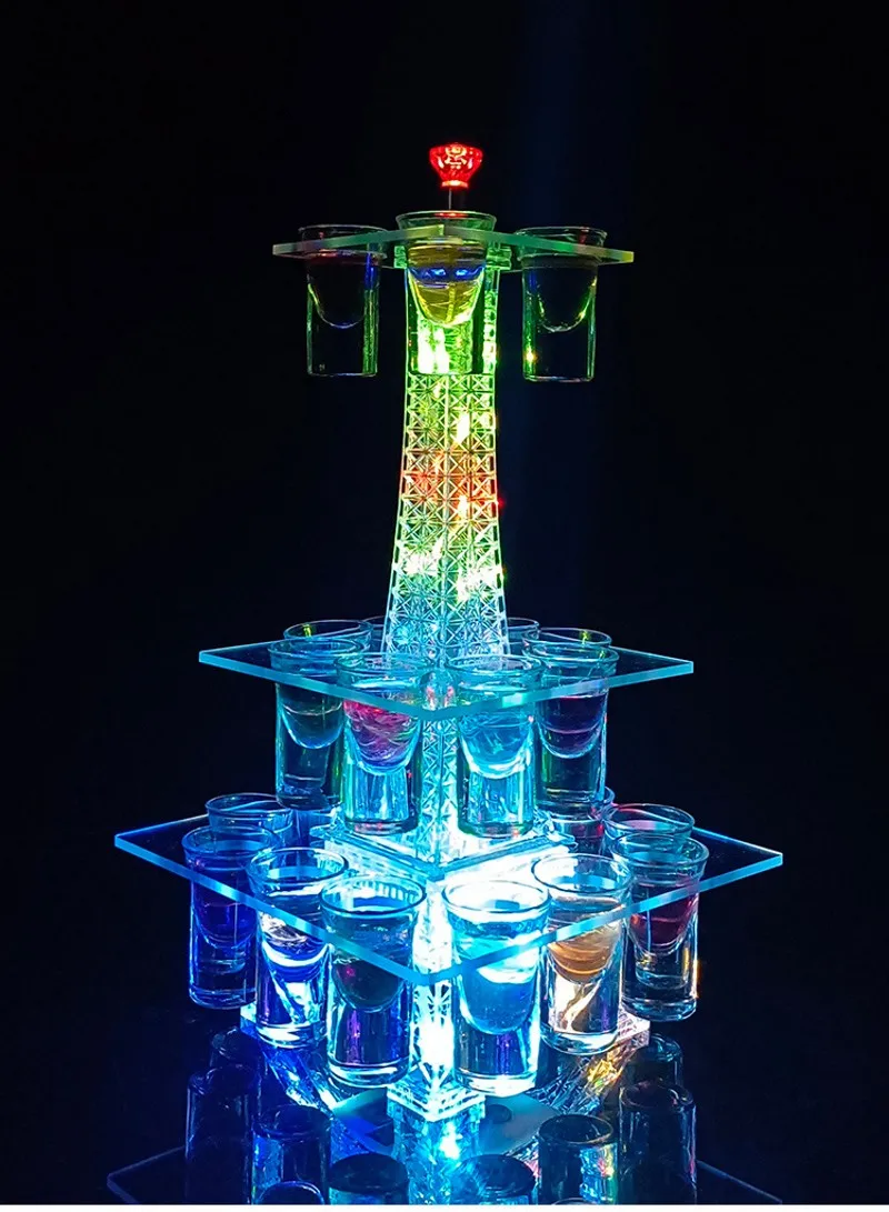 New Colorful Led Luminous Crystal Tower Cocktail Cup Holder Stand Bar Nightclub Shot Glass Glorifier Display Rack Disco Decor