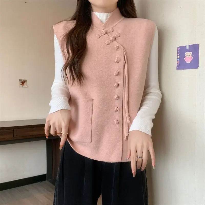 Women's Jackets Women's Vest  Fall/winter new Retro Knit Sweater Stand Collar Oblique Buckle Vest Loose Tank Top Cardigan Vest