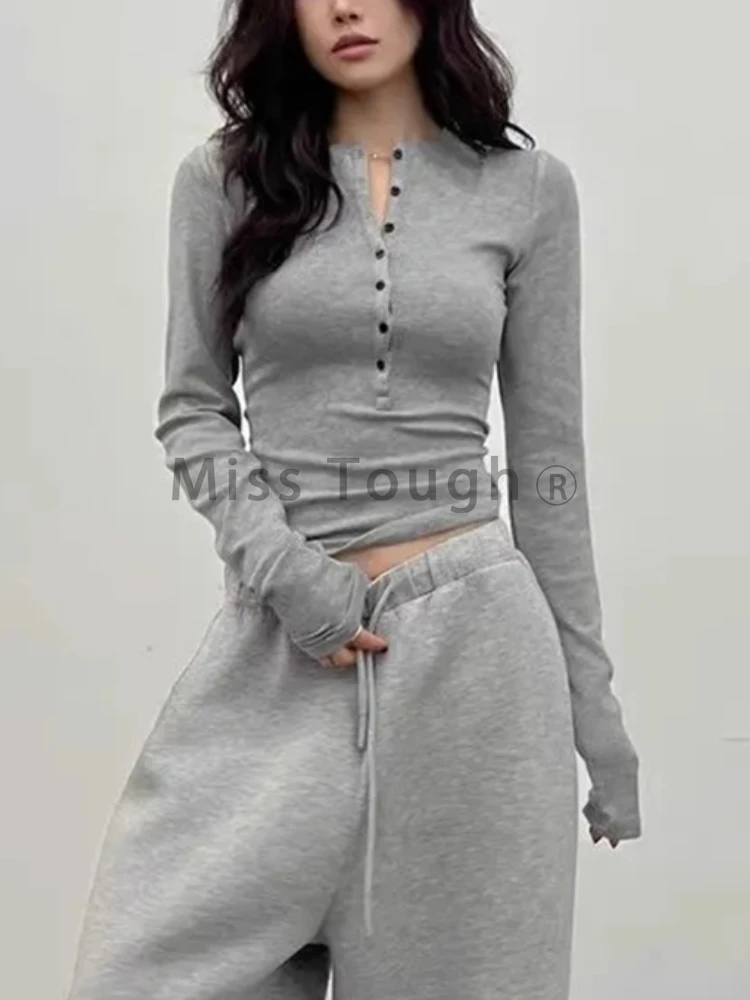 Autumn Wine Red Button Up Y2k T-shirt Women Winter Chic Long Sleeve Slim Fit Tops Korean 2024 Streetwear Solid Basic Casual Tees