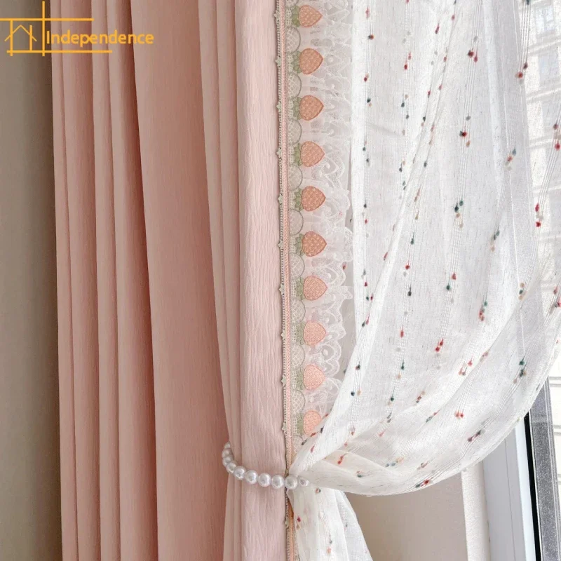 

Cream Style Pink Chiffon Jacquard Lace Patchwork Curtains for Living Room Bedroom Balcony Bay Window Customized Finished Product