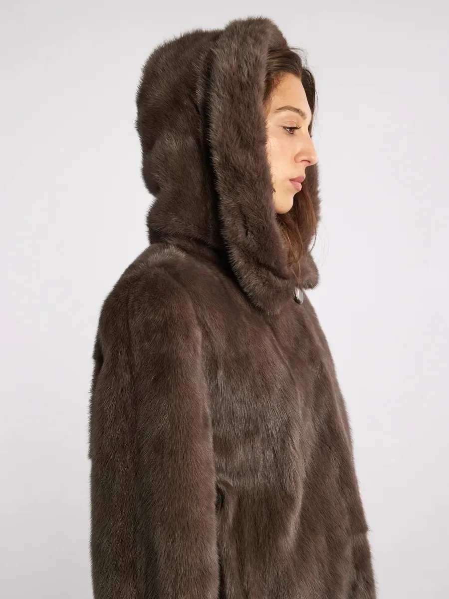 IG Women Brown Hooded Single Button Mid-Length Faux Fur Coat, Side Pockets, Winter Warm Vintage Elegant Commute Outerwear
