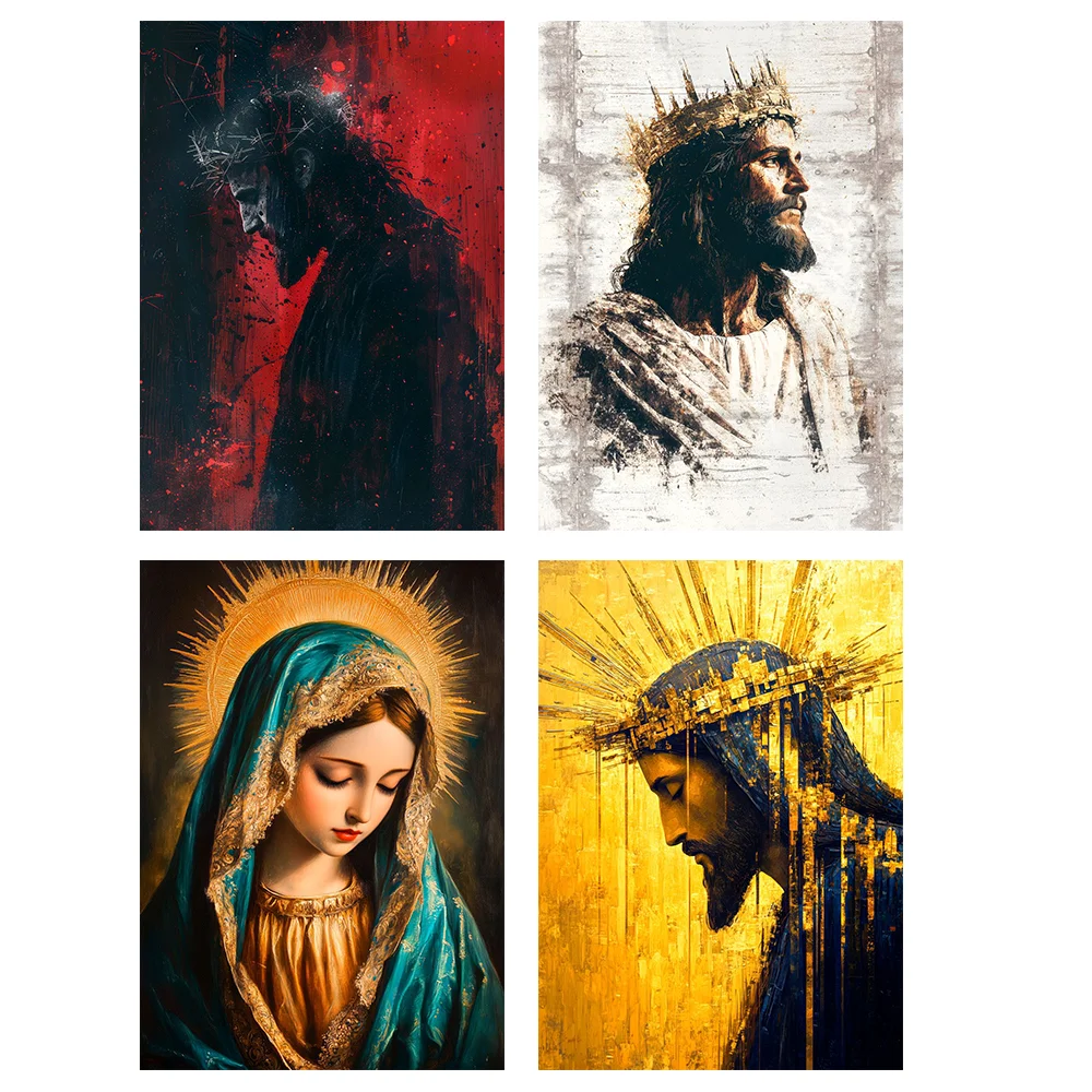 

Постер с изображением Девы Марии и Иисуса, золотая картина на холсте с Иисусом, художественный принт на холсте с Девой Марией, декоративная картина с крестом, украшение для дома, подарки