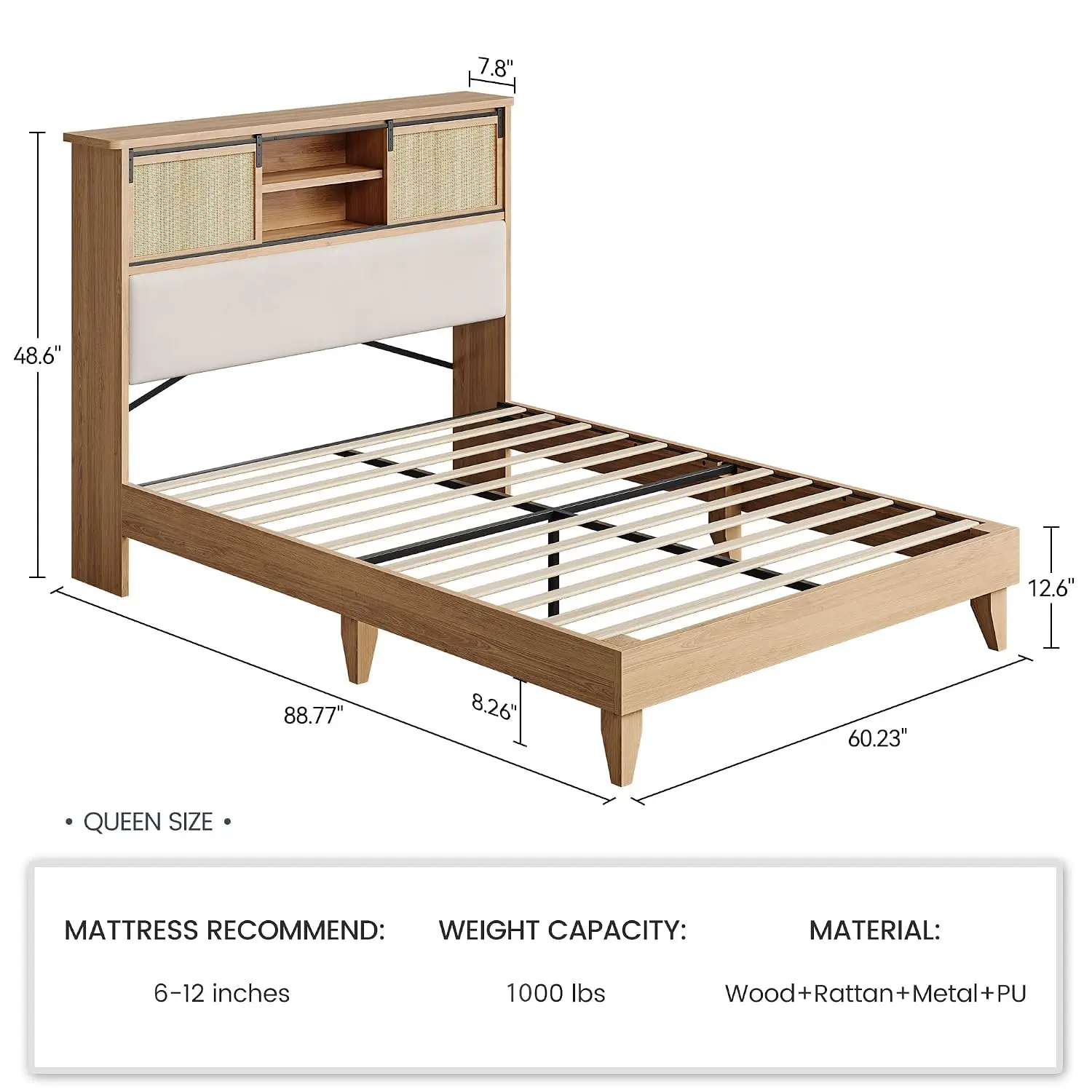 Wood Platform Bed Frame with Storage Headboard, Customized image 2