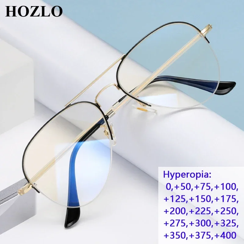 

New Fashion Retro Semirim Alloy Anti Blue Light Pilot Reading Glasses Magnifier Women Men Hyperopia Prescription Spectacles 0~+4