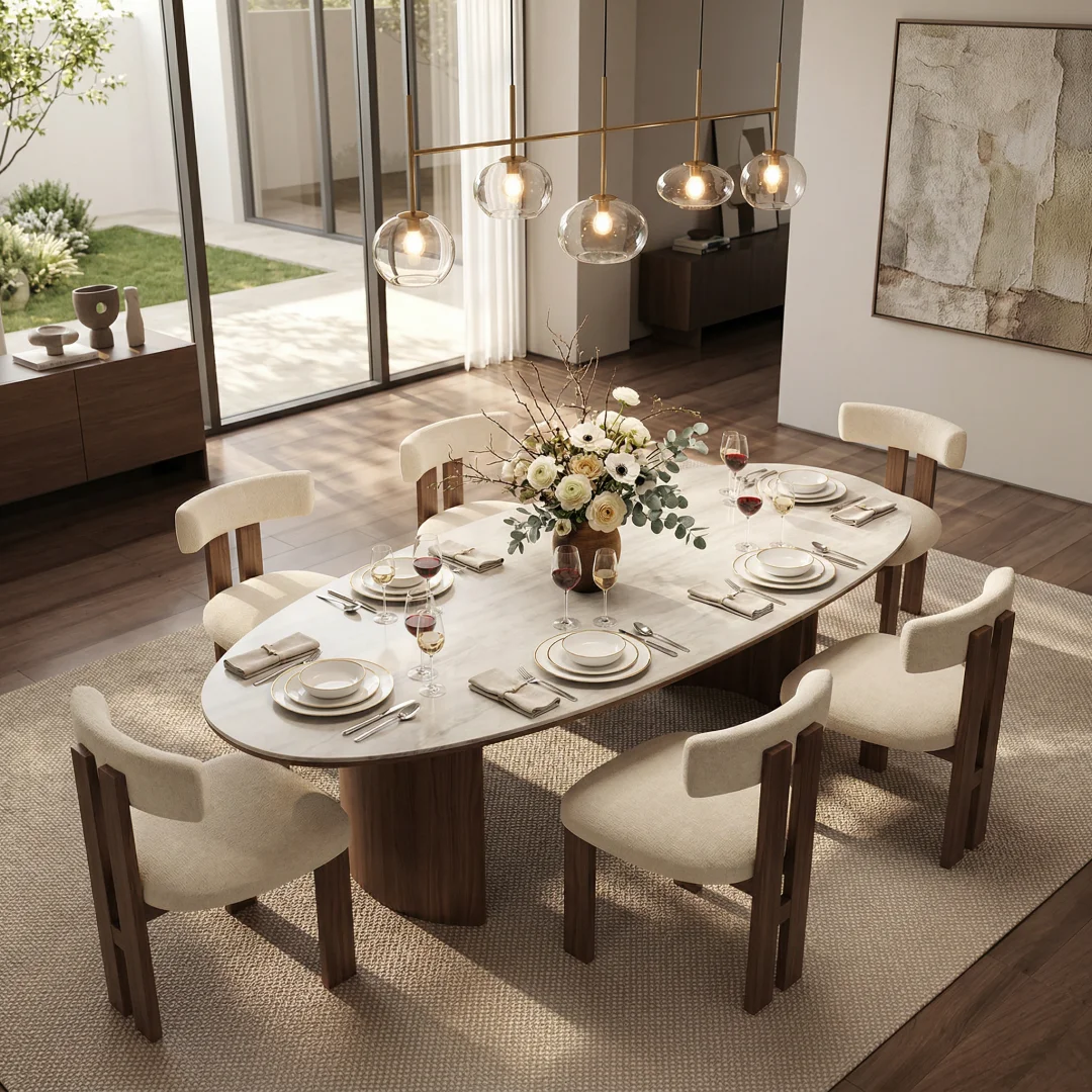 #French Style Vintage Water Drop Shaped Limestone Slab Storage Wabi-Sabi Nordic Style Solid Wood Dining Table Home Furniture
