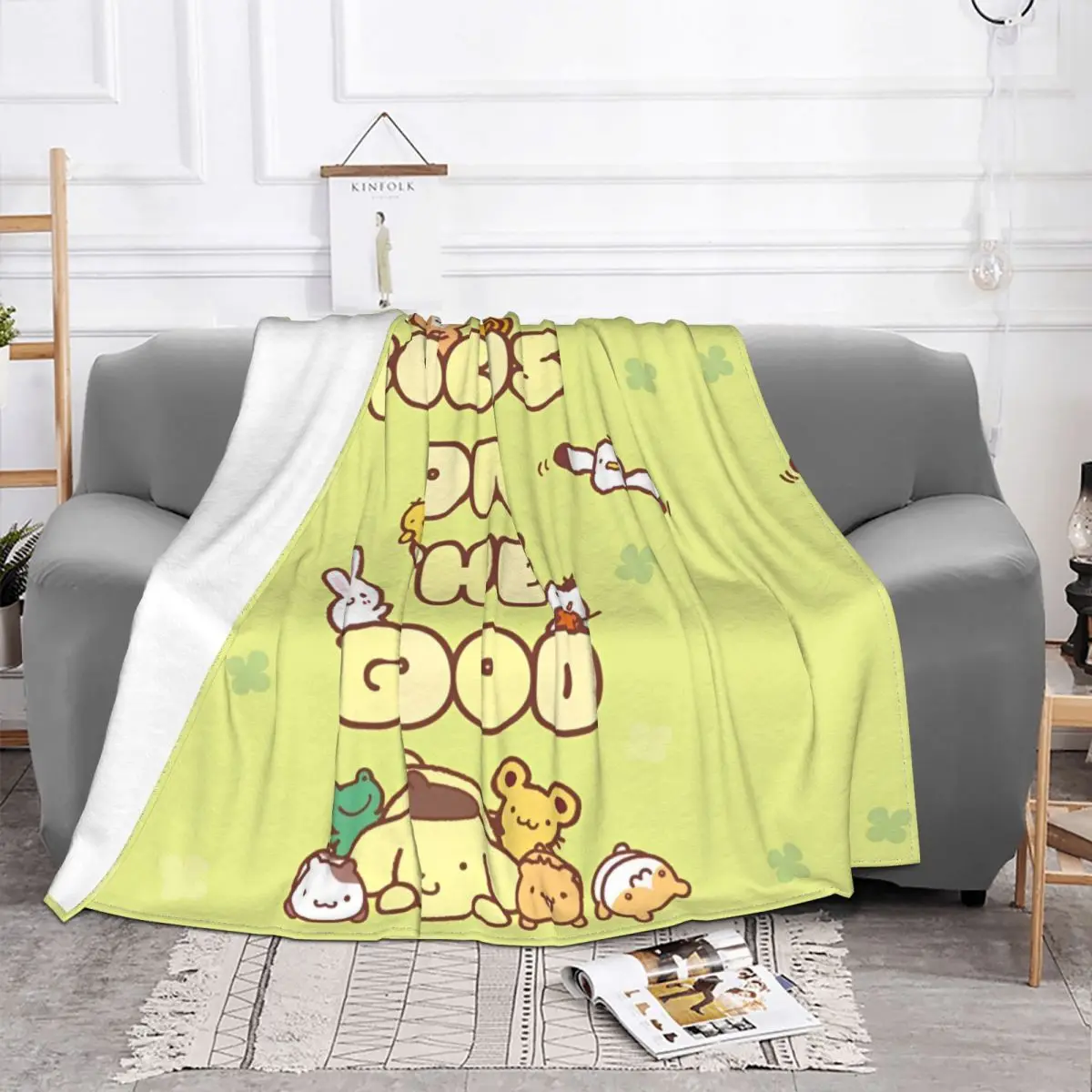 Pompompurin Focus On The Good Flannel Blankets Cute Kawaii Cartoon Throw Blankets for Sofa Bedding Lounge 150*125cm Bedspread