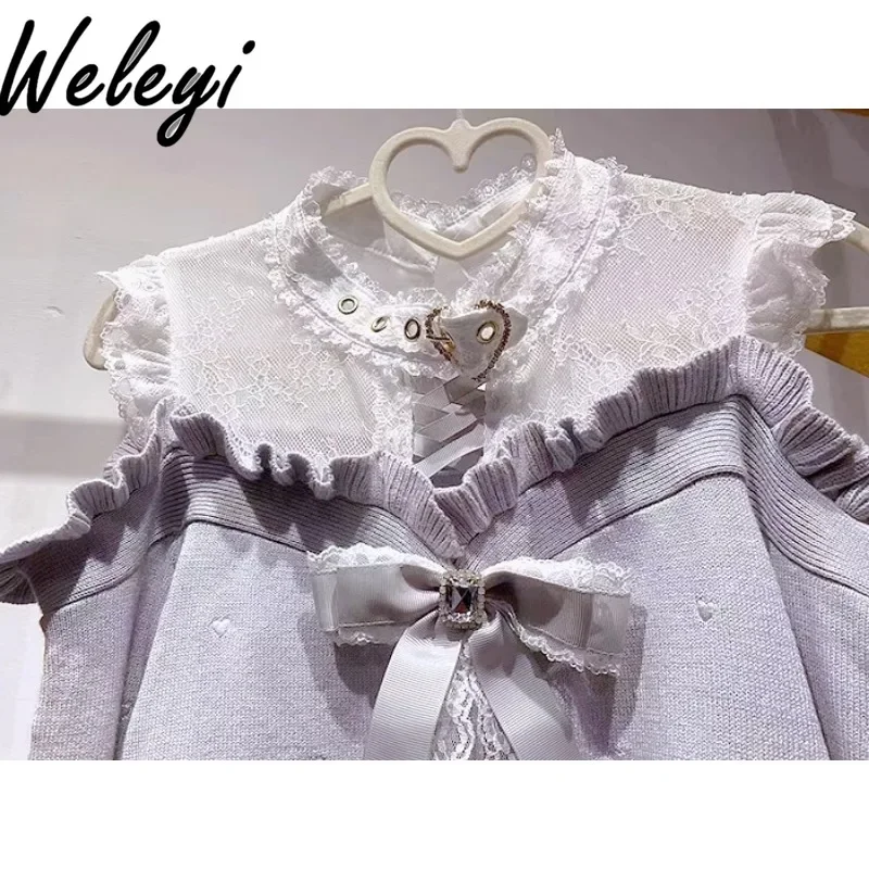 Japanese Mine Cute Bowknot Sweaters Sweet Mass Produced High Quality Popular Embroidery Love Lace Strap Off Shoulder Knitwear