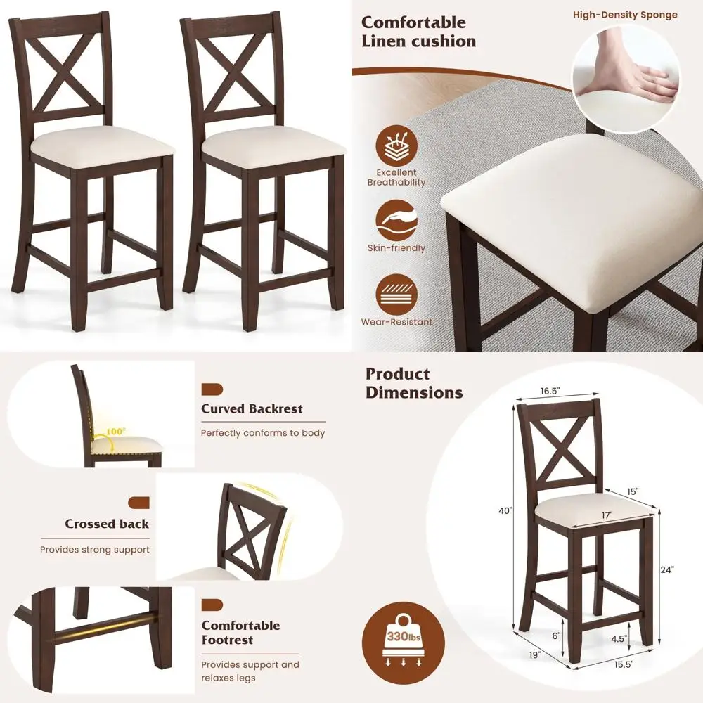 

Farmhouse Style 24 Inch Counter Height Bar Stools Set of 2 with Linen Cushion and Footrest