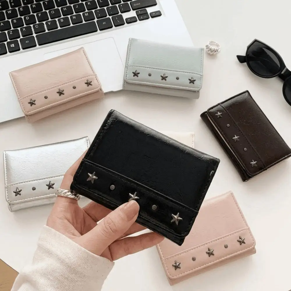 Vintage Style PU Star Rivet Trifold Wallet Compact Size Ultra Thin Coin Pocket Multiple Slots Large Capacity Cash Wallet Commute