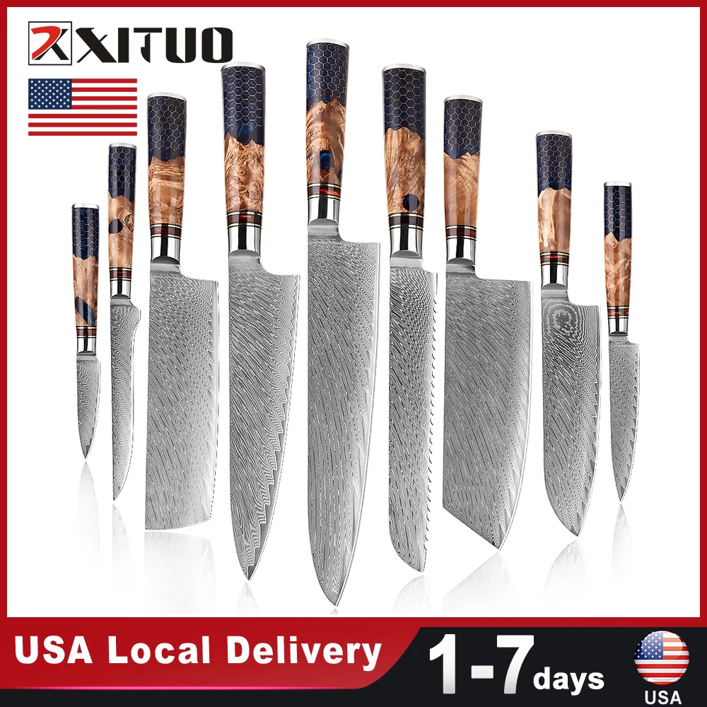 Damascus Steel 9PCS Knives set Honeycomb Handle Kitchen Stainless Steel Sharp Sliced Tool Chef Knife