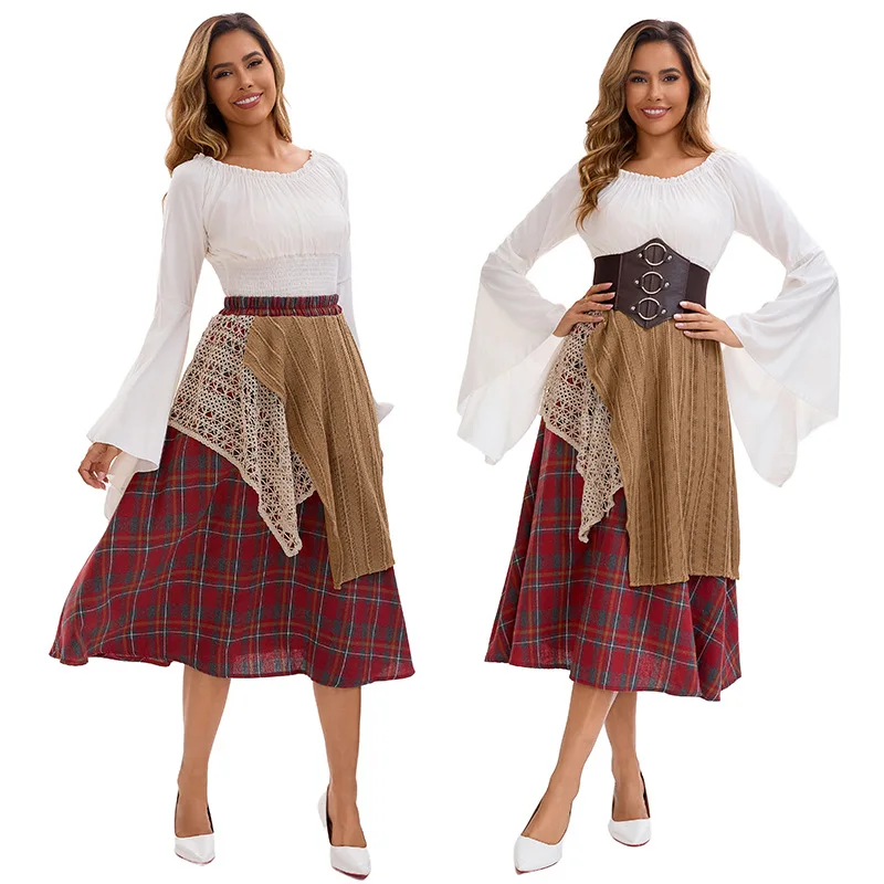 

Women Asymmetrical Plaid Splicing Lace Skirt Set Off Shoulder Top Corset Waist Medieval Dress Carnival Outfit Party Costume