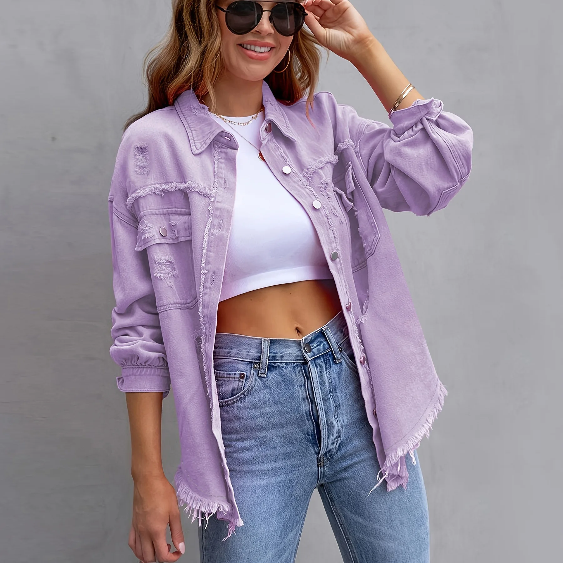 2025 New Broken Holes Solid Color Denim Jacket Spring Comfortable Casual Loose Button Cardigan Coat Streetwear Women's Outerwear