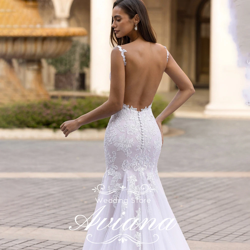 

Aviana Customized Sleeveless Mermaid Wedding Gown VNeck Delicate Lace Embroidered OpenBack Flowing Tulle Train for Bridal Party