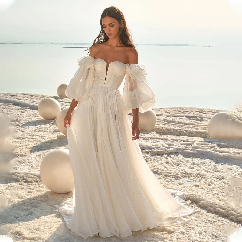 Ivory Boho Wedding Dresses with Detachable Puff Tulle Sleeve Sweetheart A-Line Pleated Bridal Gowns 2022