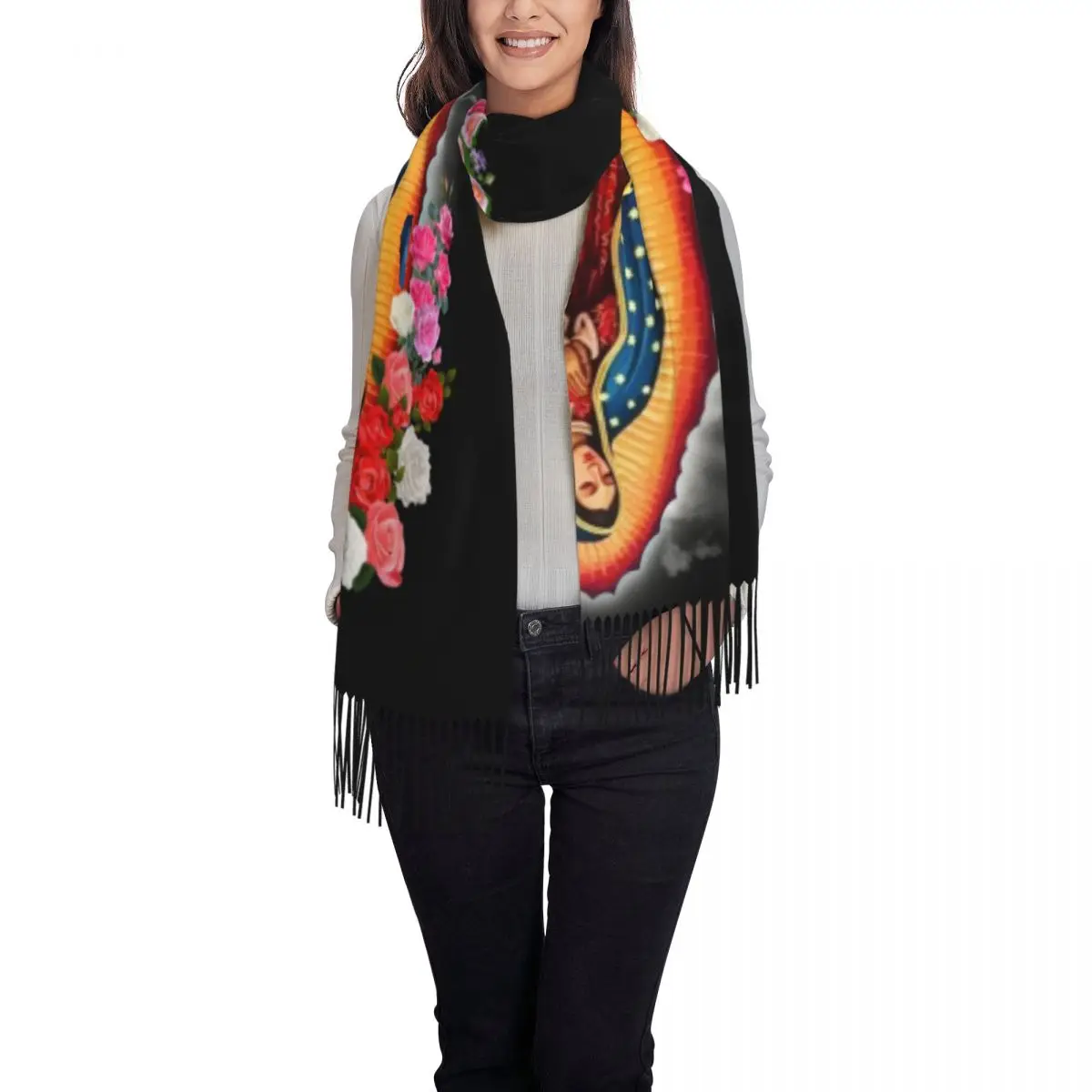 Virgin Mary Of Guadalupe Tassel Scarf Women Soft Mexico Catholic Saint Shawls Wraps Lady Winter Scarves